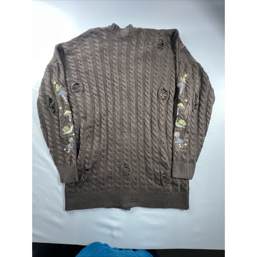 Embroidered Mushroom Frog Distressed Cardigan Sweater Large Brown BNWT Hot topic - Picture 15 of 15